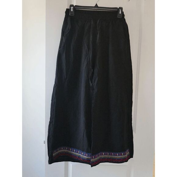 IZURIA | Black Geometric-Embroidered Drawstring Wide-Leg Linen-Blend Pants S - Picture 2 of 9